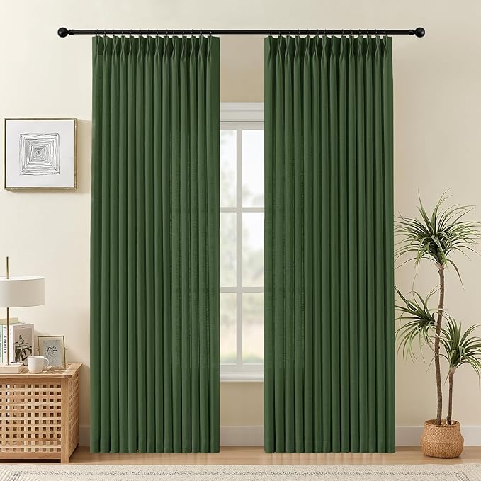 IVAPUPU Pinch Pleated Curtains 90 Inch Length 2 Panels for Living Room, Light Filtering Linen Blend Semi Sheer Pleated Curtain with Rings Modern Back Tab Drapes for Bedroom Office, 40x90, Olive Green