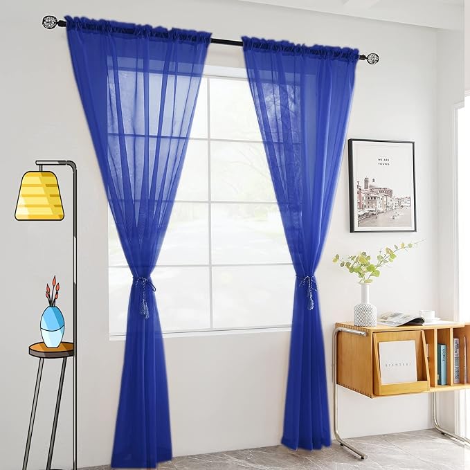SpaceDresser Sheer Voile Window Treatment Rod Pocket Curtain Panels for Kitchen Bedroom Living Room Drapes Sunlight Filtering Privacy Semi Home Decor Assorted Colors Sizes (Sapphire, 52 W x 108 L)