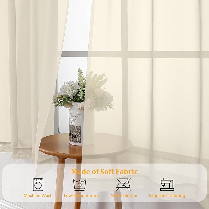 Gwine Cream Sheer Kitchen Curtains 36 Inch Length, Light Filtering Voile Soft Airy Small Cafe Curtains, Short Window Curtain for Bathroom Basement, 42x36 inch, 2PCS