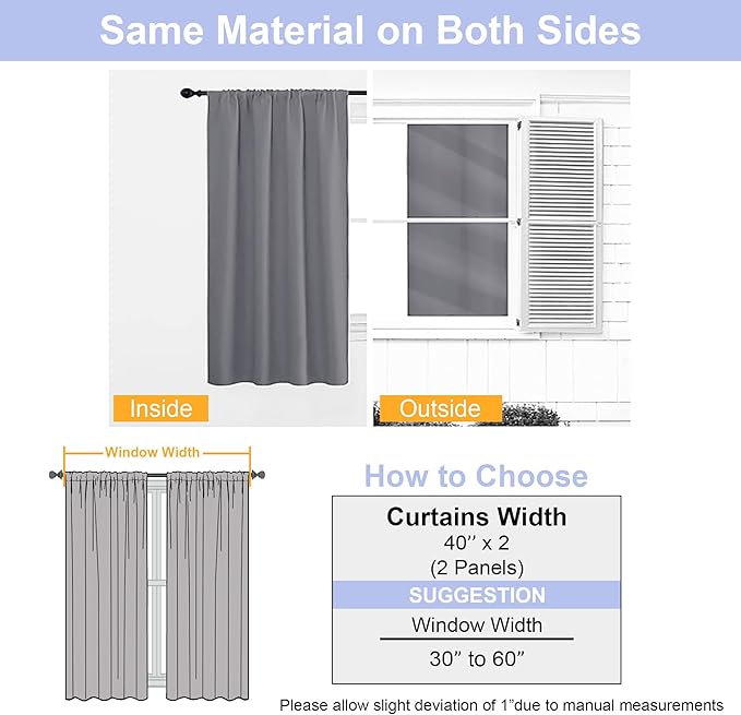 Simplebrand Ava Light Grey Short Blackout Curtains for Bedroom 45 Inches Long 2 Panels Set, Solid Thermal Insulated, Energy Saving Window Treatment Curtains Blackout Drapes, W40 x L45 Inch, Light Grey