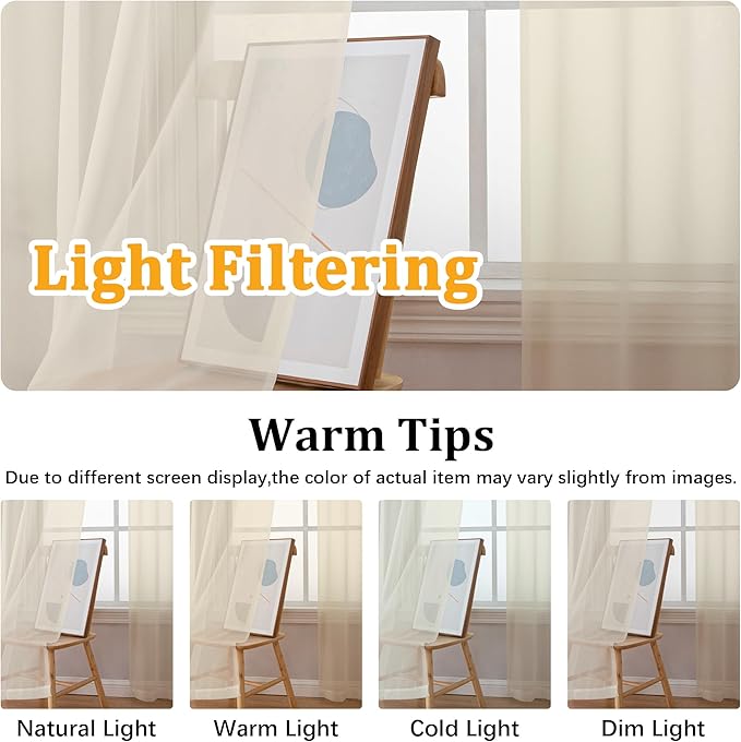 Gwine Cream Sheer Kitchen Curtains 36 Inch Length, Light Filtering Voile Soft Airy Small Cafe Curtains, Short Window Curtain for Bathroom Basement, 42x36 inch, 2PCS