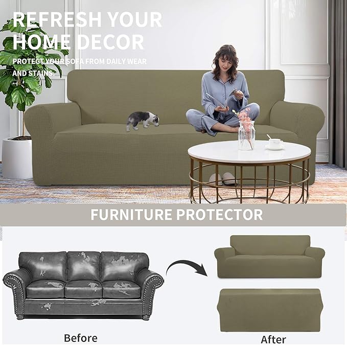 Easy-Going Stretch Loveseat Slipcover 1-Piece Sofa Cover Furniture Protector Couch Soft with Elastic Bottom for Kids Polyester Spandex Jacquard Fabric Small Checks (Loveseat, Khaki)