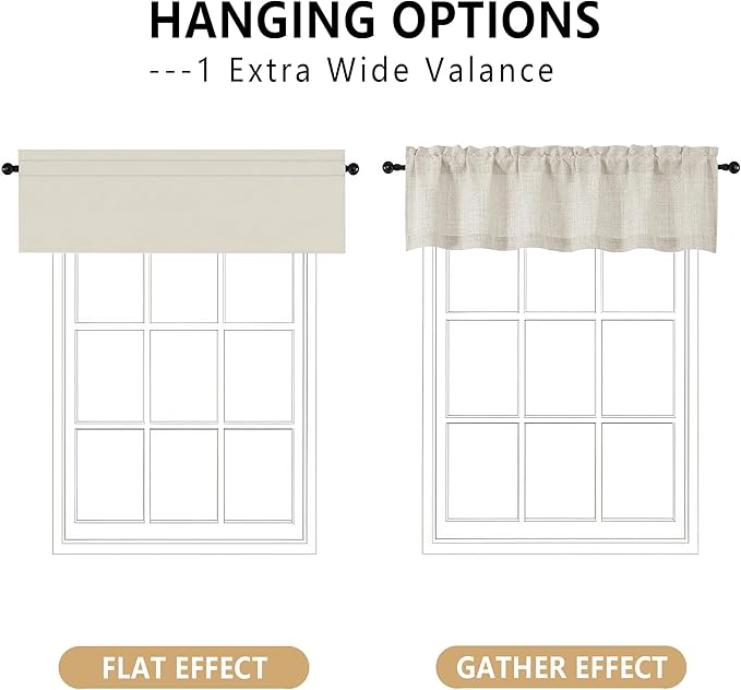 OVZME Natural Valance for Windows, Light Filtering Faux Linen Textured Small Kitchen Valances for Windows, Dual Rod Pocket Farmhouse Short Curtain for Bathroom Basement, 60Wx22L inch, 1 Piece