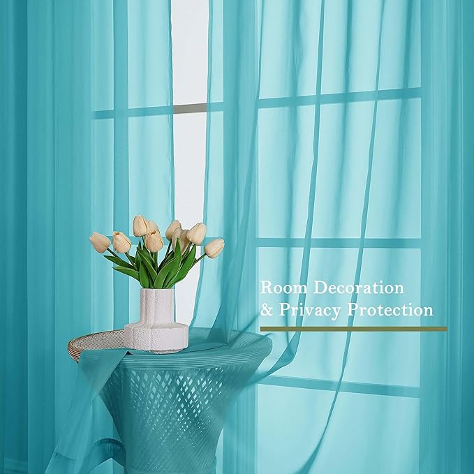 Lecloud Turquoise Sheer Curtains for Living Room Decor 84 Inches Long 2 Pcs, Light Filtering Airy Bedroom Curtains, Window Treatments Rod Pockets Drapes for Dining Room, Each Panel 59" W x 84" L