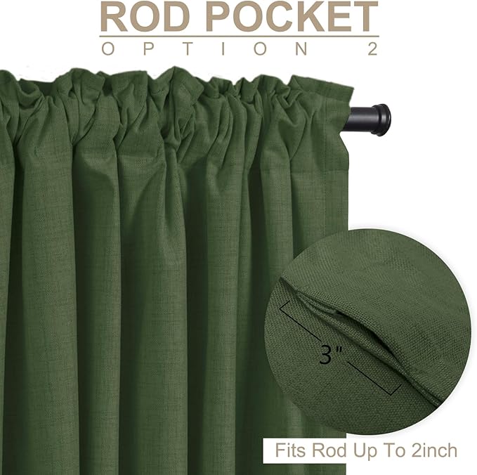 100% Blackout Shield Linen Blackout Curtains for Bedroom 120 Inches Long, Back Tab/Rod Pocket Living Room Drapes, Thermal Insulated Blackout Curtains 2 Panels Set, 50" W x 120" L, Moss Green