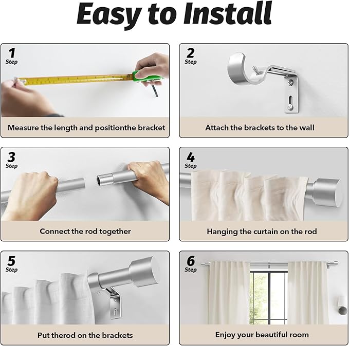 GEEBOBO Silver Curtain Rods for Windows 66 to 120 Inch, 1 Inch Adjustable Heavy Duty Easy Install Curtain Rods Set for Outdoor, Patio, Farmhouse, Bedroom, Living Room (Silver, 30"-120")
