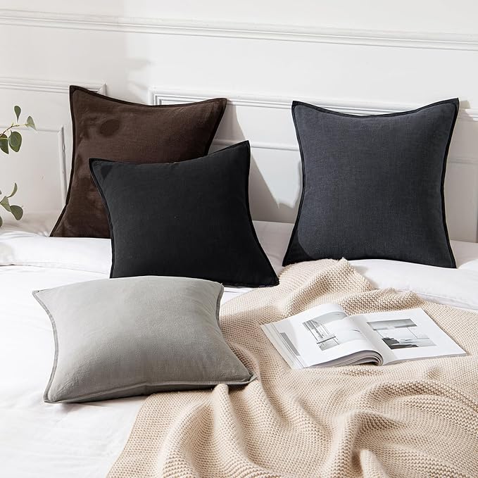 MIULEE Decorative Linen Pillow Covers 18x18 Inch Black Boho Farmhouse Neutral Couch Throw Pillows for Halloween Bed Pack of 2 Accent Modern Pillowcase Sofa Livingroom Home Decor