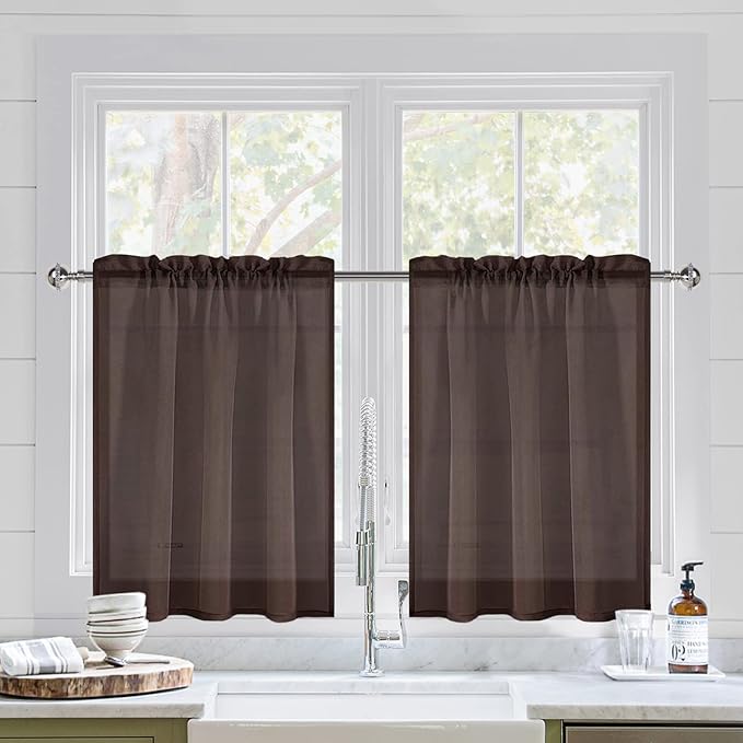 DWCN Brown Sheer Curtains for Kitchen Windows - Rod Pocket Semi Transparent Voile Tier Curtains for Bedroom, Living Room, Farmhouse, 36 x 36 inches Long, Set of 2 Panels