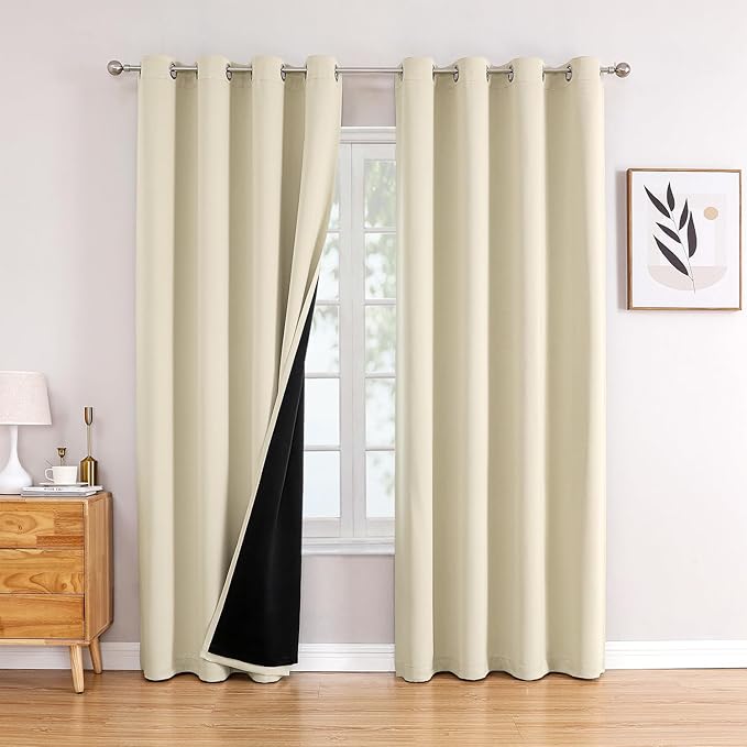 ChrisDowa 100% Blackout Curtains 72 inch Long for Bedroom with Black Liner, 2 Thick Layers Total Blackout Thermal Insulated Grommet Window Curtains 2 Panels Set (Light Beige, 52 x 72 Inch)