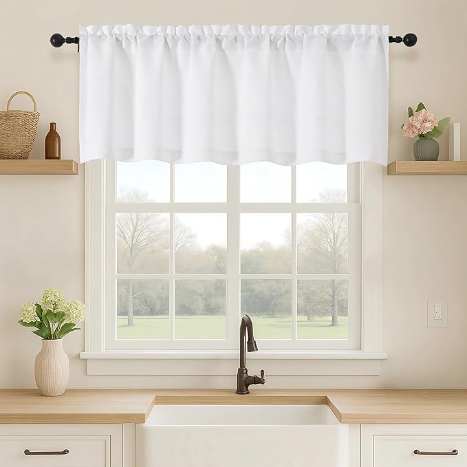 OVZME White Valance for Windows, Light Filtering Thick Textured Small Kitchen Valances for Window, Dual Rod Pocket Farmhouse Short Curtain for Bathroom Basement, 1 Piece, 60Wx18L Inch