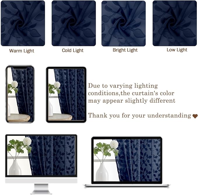 Chyhomenyc Navy Blue Sheer Curtains 36 Inch Length, Light Filtering Leaf Tufted Textured Small Window Kitchen Curtain Over Sink, Short Half Window Curtains for Bathroom Basement, 30" Wx36 L, 2 Panels