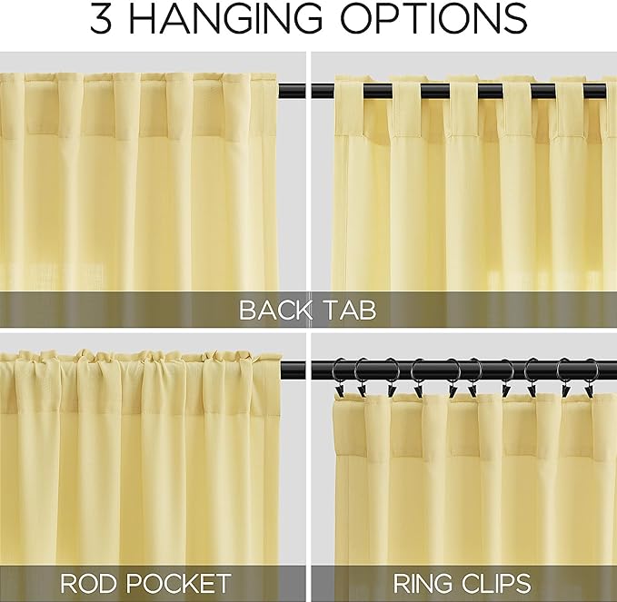 Yellow Linen Blend Drapes 84 Inch Length 2 Panels Set Back Tab Rod Pocket Light Filtering Privacy Semi Sheer Textured Curtain Neutral Farmhouse Decor for Living Room Bedroom Curtains 52x84