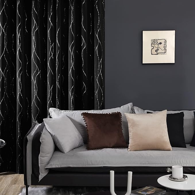 Deconovo Black Out Curtains for Kitchen, 42 x 54 Inch Length 2 Panels Set, Thermal Insulated Soundproof Window Drapes with Silver Print, Grommet Top, Machine Washable Panels for Small Winodw Nursery