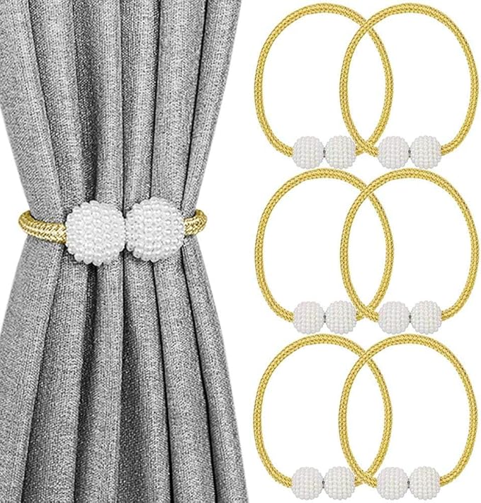 Melaluxe 6 Pack Magnetic Curtain Tiebacks, Decorative Curtain Holdbacks for Window Décor (Gold)