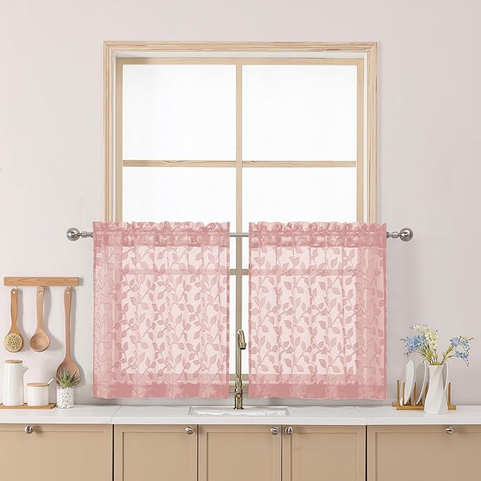 Chyhomenyc Blush Pink Sheer Curtains 24 Inch Length, Light Filtering Leaf Tufted Textured Small Window Kitchen Curtain Over Sink, Short Half Window Curtains for Bathroom Basement, 30"Wx24"L, 2 Panels