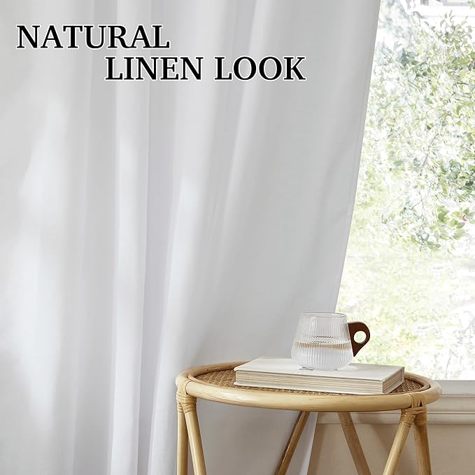 RYB HOME White Linen Curtains 90 inches Long, Semi Sheer Light Filtering Back Tab Breathable Window Curtains & Drapes for Bedroom Living Room, W 52 x L90 inches, 2 Panels Set