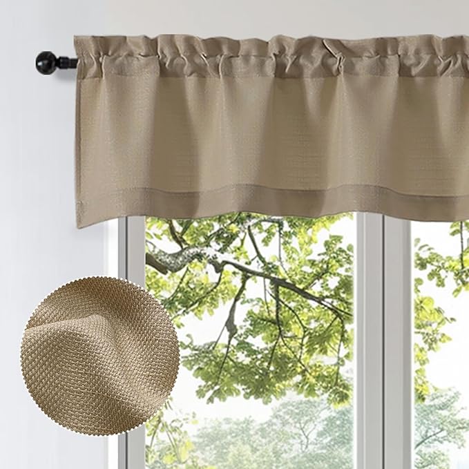OWENIE Bob 1 PCS Camel Valances for Windows, Faux Linen Textured Kitchen Window Curtains Valance for Bedroom Living Room, Modern Soft Airy Solid Rod Pocket Bathroom Cafe Curtain, 60Wx20L Inch