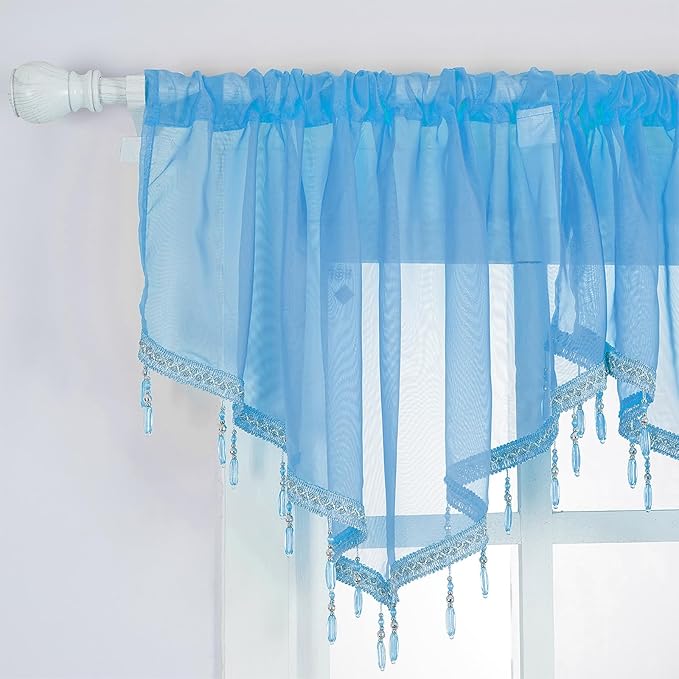 Molaxhome Lace Valance Swag Curtain 51 Inch Scalloped Sheer Curtain Panels with Crystal Beads - Rod Pocket Farmhouse Window Treatment for Kitchen Bedroom 1pc Boho Chic Drape Decor Blue