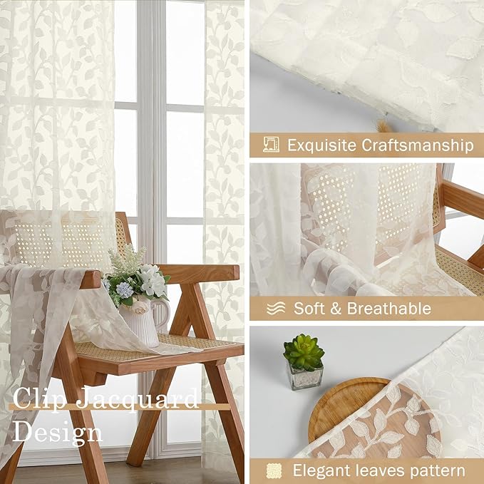 Chyhomenyc Ivory Sheer Curtains 30 Inch Length, Light Filtering Leaf Tufted Textured Small Window Kitchen Curtain Over Sink, Short Half Window Curtains for Bathroom Basement, 30" Wx30 L, 2 Panels