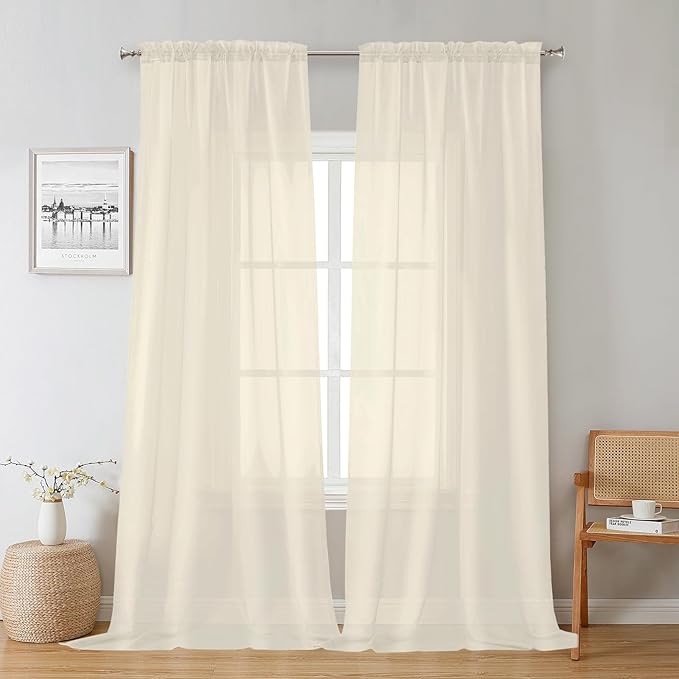Lecloud Cream Sheer Curtains 96 Inches Long 2 Panels, Elegant Light Filtering Voile Breathable Curtains, Gauzy Window Decor with Top Dual Rod Pocket for Living Room Bedroom, Each 42" W x 96" L