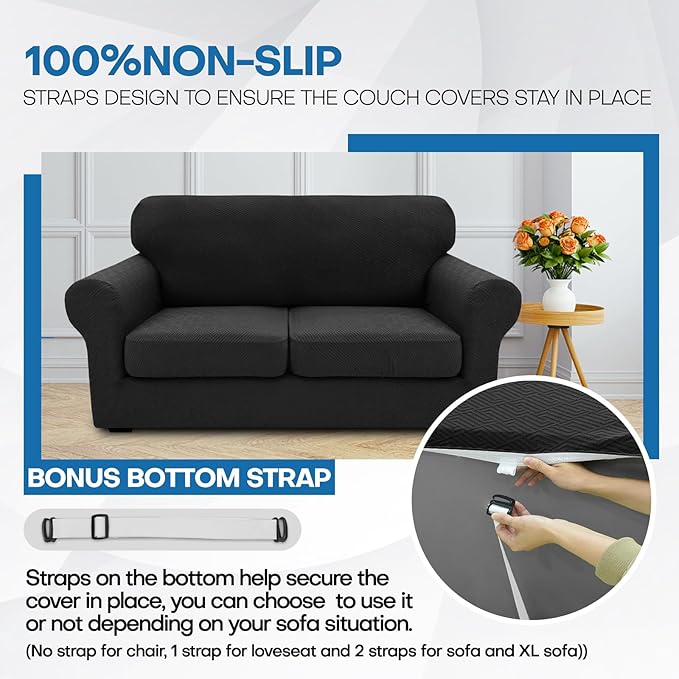 XINEAGE 2026 New 3 Pieces Couch Covers for 2 Cushion Sofa Super Stretch Loveseat Slipcover Pet Dog Universal Slip Cover Anti Slip Love Seat Furniture Protector (Black, 55"-69")