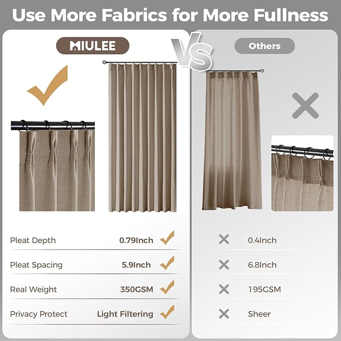 MIULEE Pinch Pleated Thick Linen Curtains 102 Inches Long 2 Panels for Living Room Bedroom, Linen Textured Drapes Pleat Back Tab Memory Trained Light Filtering Boho Grey Beige Window Curtains