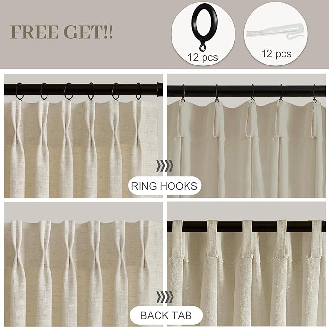 IVAPUPU Sand Beige Pinch Pleated Curtains 102 Inch Long for Living Room, Extra Wide Semi Sheer Drapes Back Tab Hooks Rings Light Filtering Privacy Modern Linen Curtain for Bedroom, 1 Panel, W60xL102