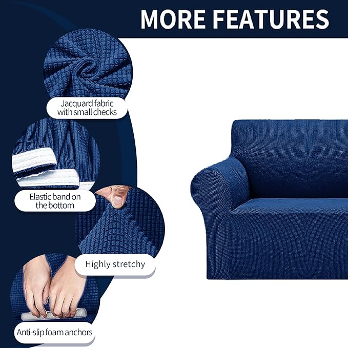 Cupuamon 2026 New Stretch Loveseat Sofa Slipcovers Couch Cover for 2 Cushion Furniture Protector Sofa Covers with Elastic Bottom Jacquard Fabric Small Checks for Pets, Kids - Classic Blue