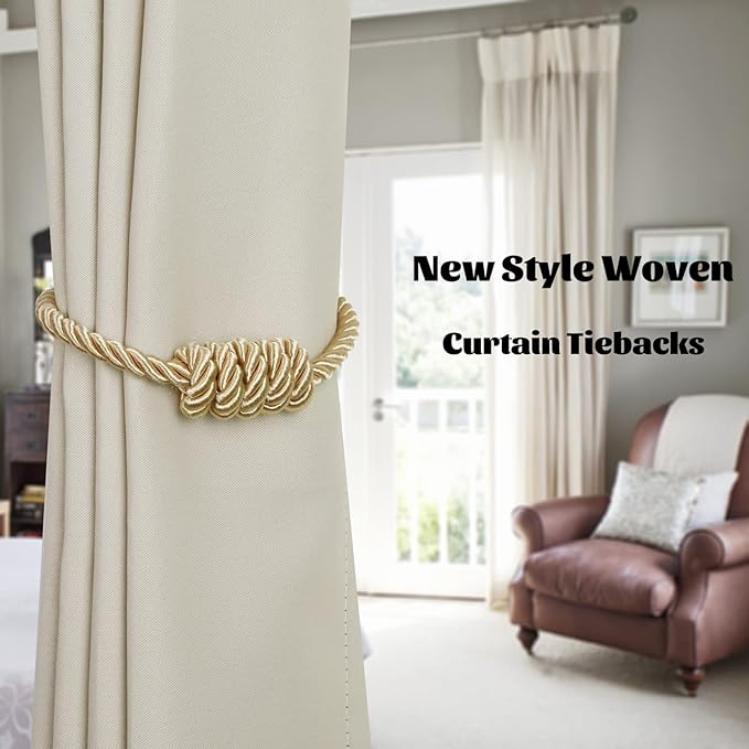 BEL AVENIR Magnetic Curtain Tiebacks, Decorative Drapery Holdbacks Modern Woven Tie-Backs with Exquisite Knot (Gold, 2 Pack)
