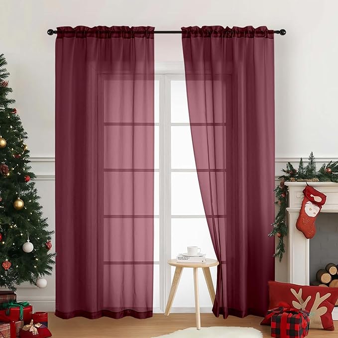 Burgundy Sheer Curtains 90 Inches Long 2 Panels, Light Filtering Solid Sheer Curtains for Bedroom Living Room Christmas Party, Lightweight Voile Sheer Drapes, Dual Rod Pocket, 2x42Wx90L Inches