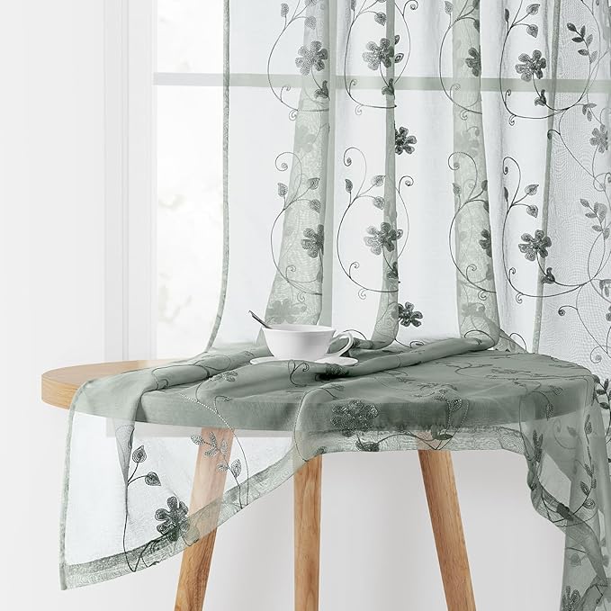 HOMEIDEAS Sage Green Sheer Curtains 96 Inches Long 2 Panels Embroidered Floral Pattern Semi Sheer Window Curtains for Bedroom Living Room