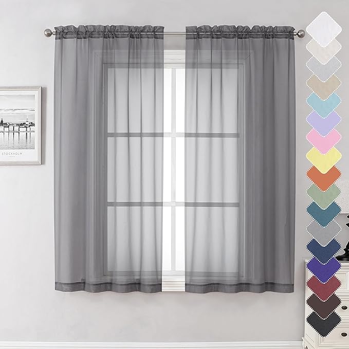 Lecloud Grey Sheer Curtains 63 Inch Long 2 Panels, Elegant Voile Drapes for Dinning Small Windows, Light Filtering Voile Curtain for Living Room Bedroom Bathroom, Dual Rod Pocket, 40" Wx63 L