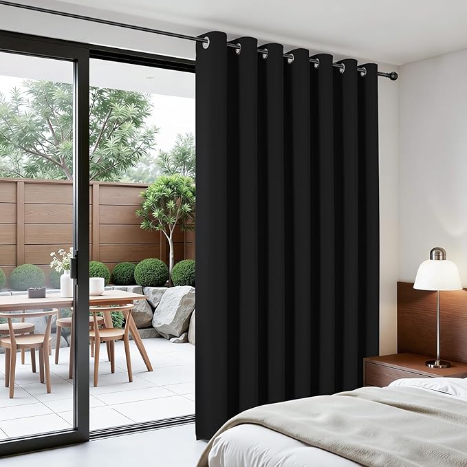 Joydeco Blackout Patio Sliding Door Curtains 96 Inches Long, Grommet Privacy Room Divider Curtains, Extra Wide Thermal Blackout Drapes for Bedroom Living Room (Black, 100Wx96L, 1 Panel)