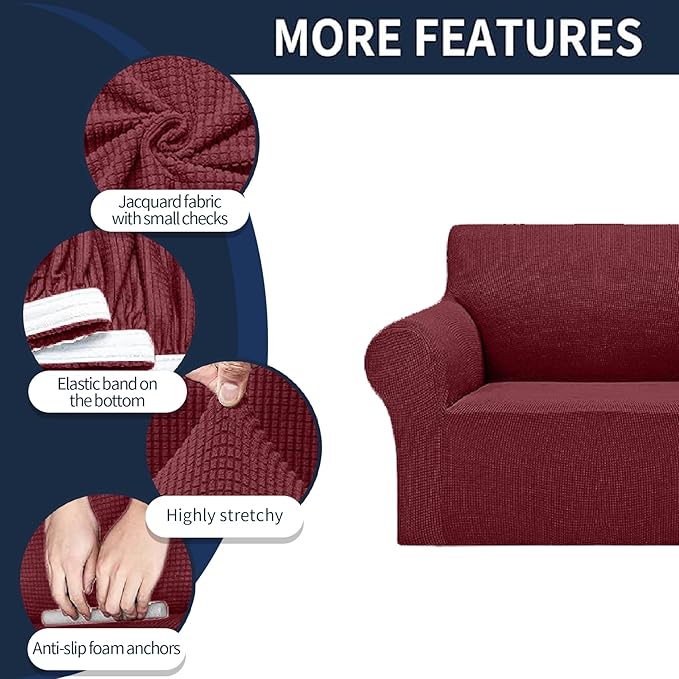 Cupuamon 2026 New Stretch Loveseat Sofa Slipcovers Couch Cover for 2 Cushion Furniture Protector Sofa Covers with Elastic Bottom Jacquard Fabric Small Checks for Pets, Kids - Dark Red