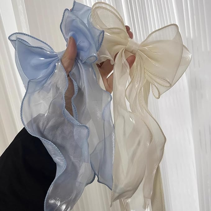 2 Pack French Silky Bow Curtain Tiebacks, Elegant Lace Ribbon for Curtains Decorative Rope Accessories Home Décor (Blue,2)