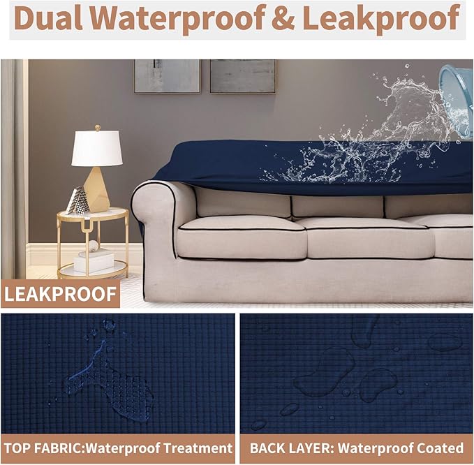 Easy-Going 100% Waterproof Couch Cover, Dual Waterproof Sofa Cover, Stretch Jacquard Sofa Slipcover, Leakproof Furniture Protector for Kids, Pets, Dog and Cat(Oversized Sofa, Navy)
