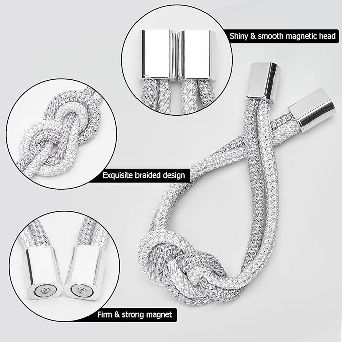 NICEEC 4 Pack Mini Magnetic Curtain Tiebacks Nordic Simple Style Drape Tie Backs Elegant Hand Weave Rope Knot Decorative Curtain Holdbacks for Home & Office Thin Window Drapery (Grey & White)