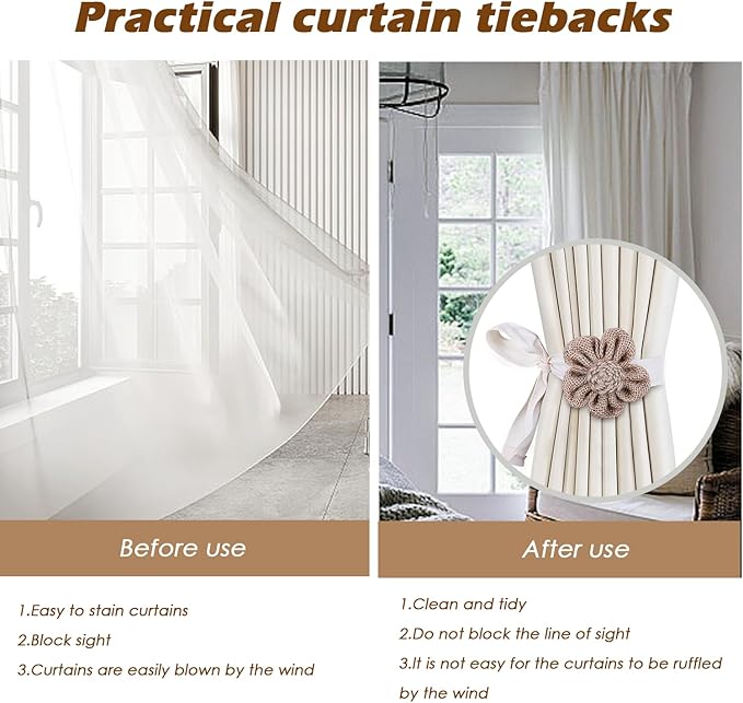 SRG 4pcs Handmade Rope Curtain Tiebacks | Boho Flower Curtain Holdbacks | Simple Elegant Sunflower Curtain Holders | Boho Bedroom Decor（Cream&Khaki）