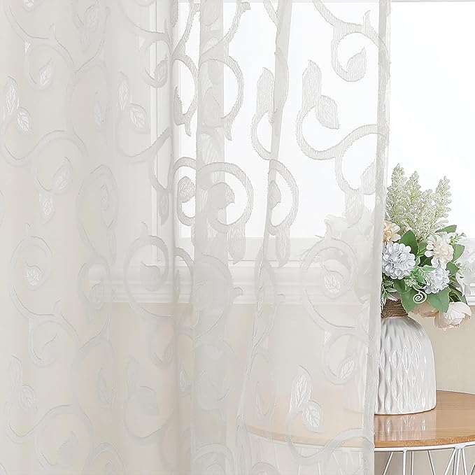 OWENIE Furman Ivory Sheer Curtains 96 inches Long for Bedroom Living Room 2 Panels Set, Light Filtering Soft Semi Sheer Jacquard Clip Farmhouse Curtains Rod Pocket Design, 40Wx96L inch