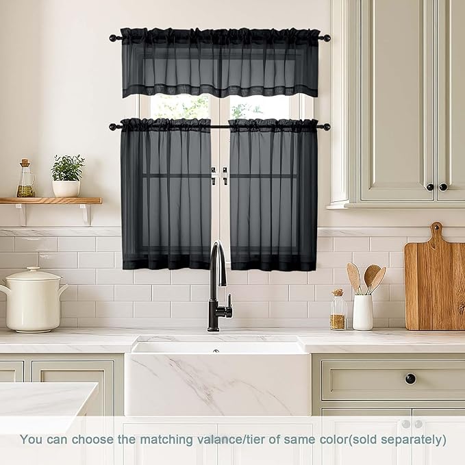 Black Small Sheer Curtains Tier 24 Inches Length 2 Pieces, Light Filtering Cafe Curtains Sheers for Living Room Bathroom, Modern Window Treatments Dual Rod Pocket Panels, 2X42Wx24L Inches