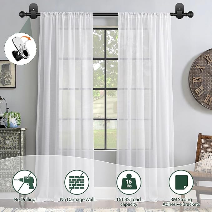 KAMANINA Curtain Rods No Drilling for Windows 16 to 30 Inches, 5/8 Inch Adjustable Small Curtain Rod with 3M Adhesive Brackets without Drilling, Black