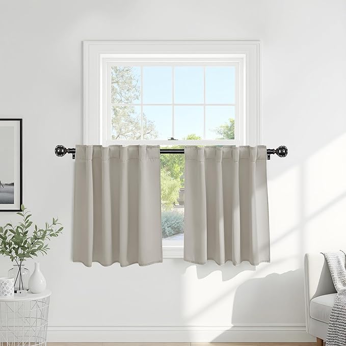 PONY DANCE Blackout Short Cafe Curtains, Privacy Light Block Small Window Curtains for Bedroom Kitchen Basement Dining Classroom, W 29 x L 36 inches, Cream, 2 Panels