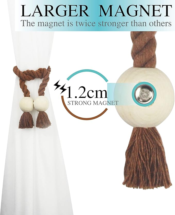 6 Pack Magnetic Curtain Tiebacks Cotton Hand Woven Tie Back Decorative Rope Holdbacks for Curtains Draperies No Tools Required, Khaki