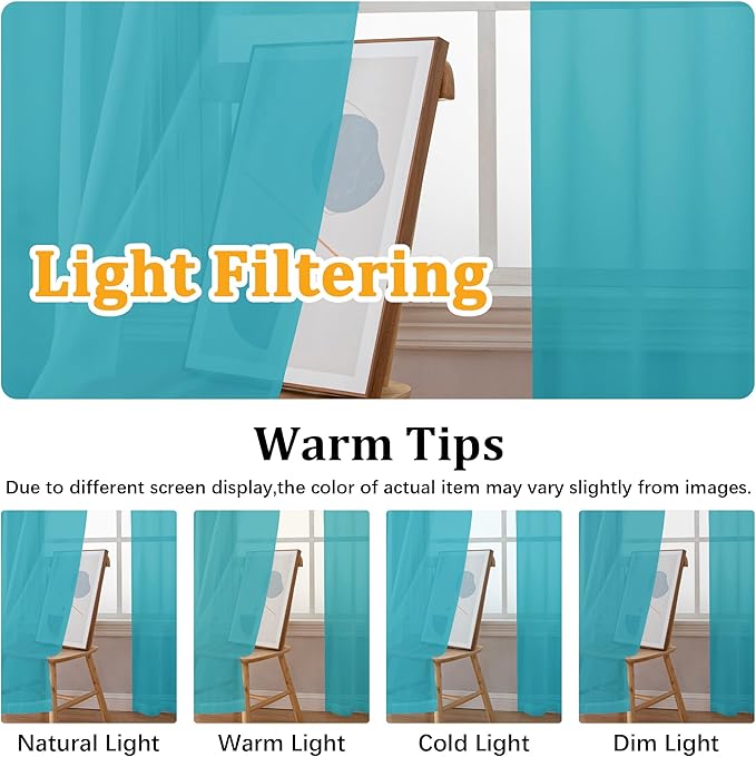 Gwine Turquoise Sheer Kitchen Curtains 36 Inch Length, Light Filtering Voile Soft Airy Small Cafe Curtains, Short Window Curtain for Bathroom Basement, 42x36 inch, 2PCS