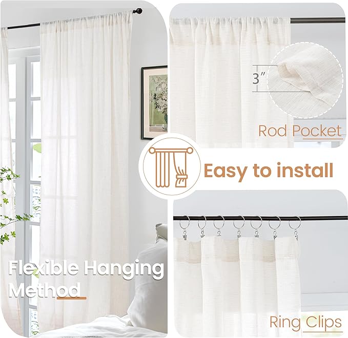 BGment Linen Semi Sheer Curtains 72 Inch Length for Living Room - Rod Pocket Natural Textured Ivory Window Drapes Light Filtering for Bedroom Dining Lightweight Rustic, 2 Panels Set, 52 X 72 Inch