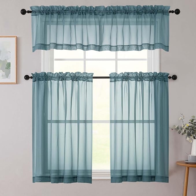Cafe Curtains 36 Inch Length Tier 2 Pieces, Modern Soft Airy Sheer Kitchen Short Curtains for Small Window, Rod Pocket Small Curtain for Bathroom Basement, Dusty Blue, Each, 42"Wx36"L Inches