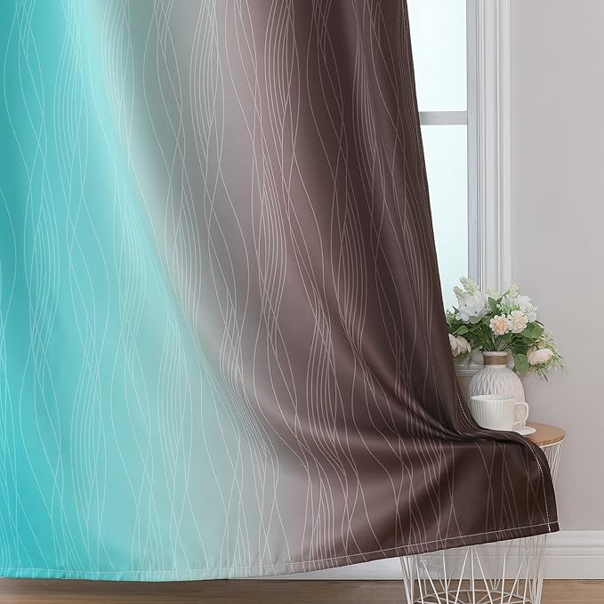 Estelar Textiler Teal and Brown Blackout Curtains 54 Inch Length, Light Blocking Gradient Grommet Drapes for Living Room, Thermal Insulated Ombre Curtains for Bathroom,52Wx54L,2 Panels