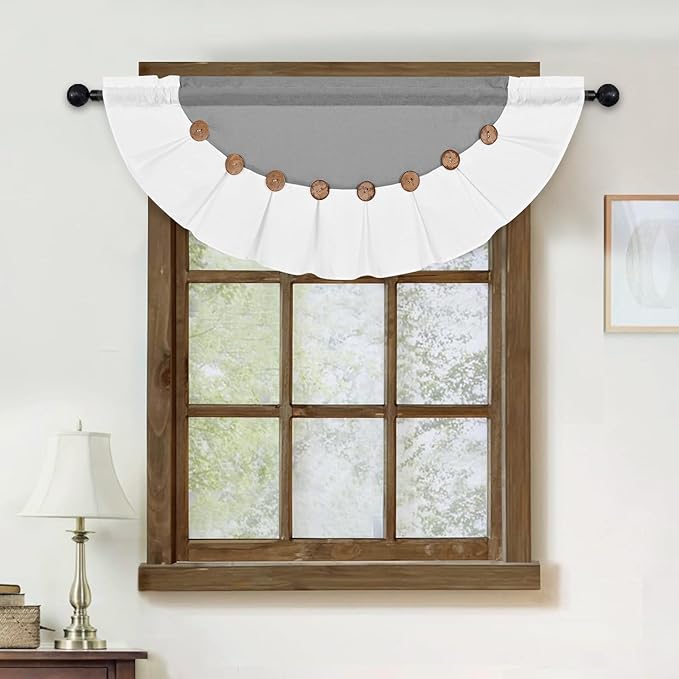 FRAMICS Farmhouse Valance Curtains, Boho Cotton Linen Kitchen Valance, Grey Rustic Button Window Valances for Bathroom Bedroom, Country Rod Pocket Valances, Semi-Circular, Grey, 52 x 18 Inch