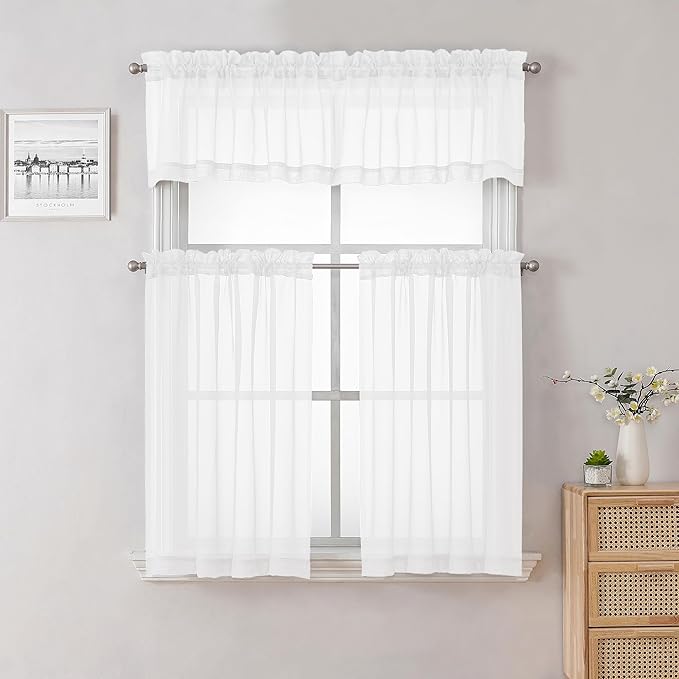 Lecloud White Sheer Curtains 36 Inch Length 2 Panels Set, Airy Breathable Voile Short Tiers, Elegant Gauzy Half Cafe Kitchen Curtains with Dual Rod Pocket, Each Panel 42 X 36 Inch
