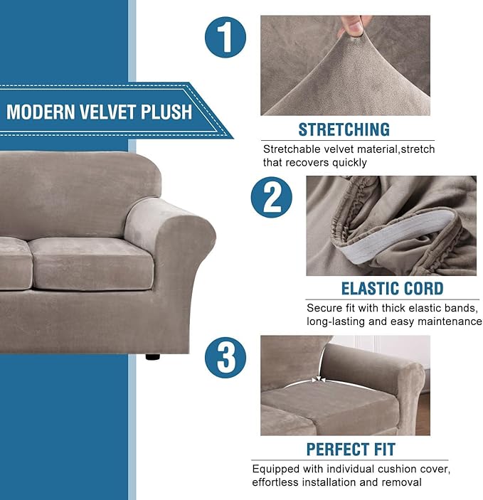 H.VERSAILTEX Velvet 4 Piece High Stretch Sofa Slipcover Cover Furniture Protector Form Fit Luxury Thick Velvet Extra Large Sofa Cover for 3 Cushion Couch Width Up to 105 Inch (XL Sofa, Taupe)
